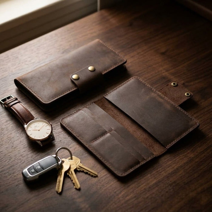 Dark Brown Genuine Leather 4 Card Slots Wallet Italian Stitch Phone Pocket