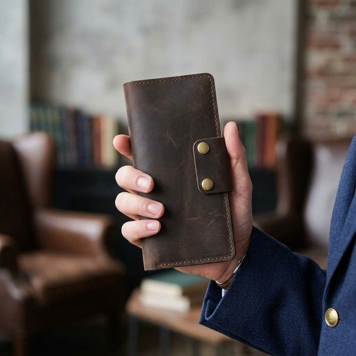 Genuine Leather Long Wallet 4 Card Slots Phone Pocket Snap Handmade Men Gift - Dark Brown