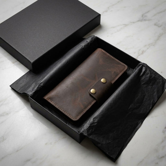 Dark Brown Genuine Leather 4 Card Slots Wallet Italian Stitch Phone Pocket