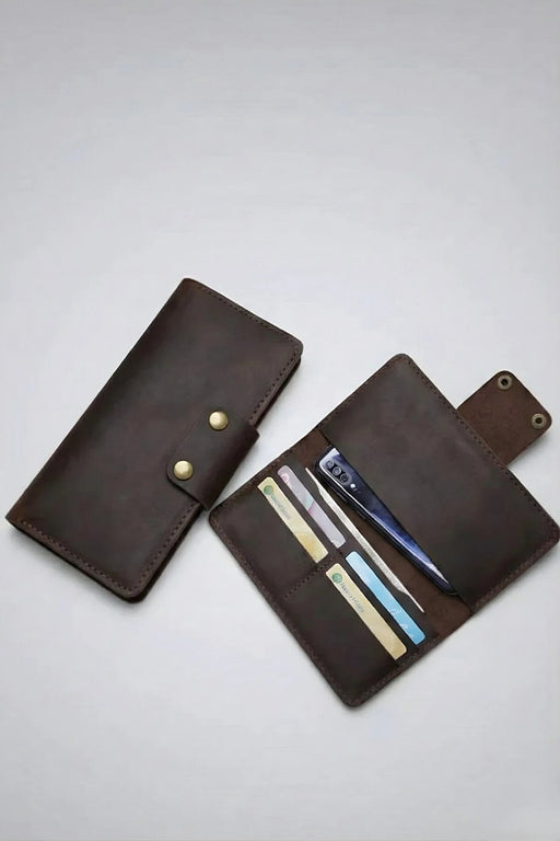 Dark Brown Genuine Leather 4 Card Slots Wallet Italian Stitch Phone Pocket