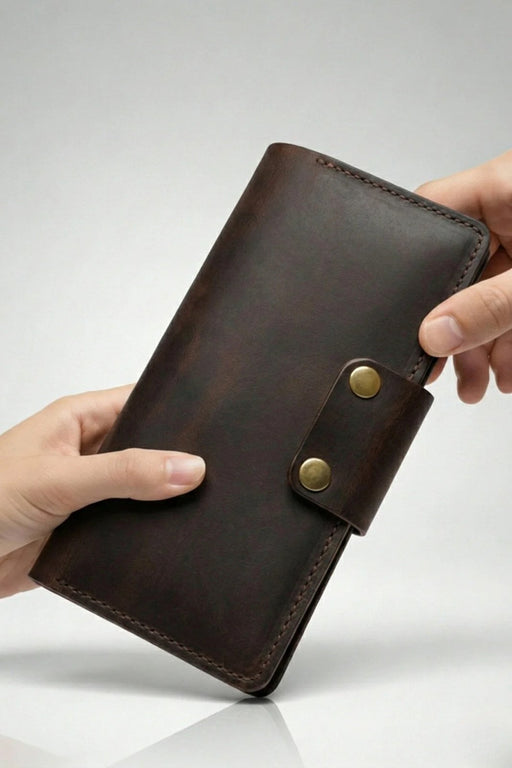 Dark Brown Genuine Leather 4 Card Slots Wallet Italian Stitch Phone Pocket