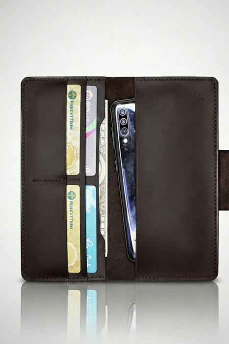 Dark Brown Genuine Leather 4 Card Slots Wallet Italian Stitch Phone Pocket
