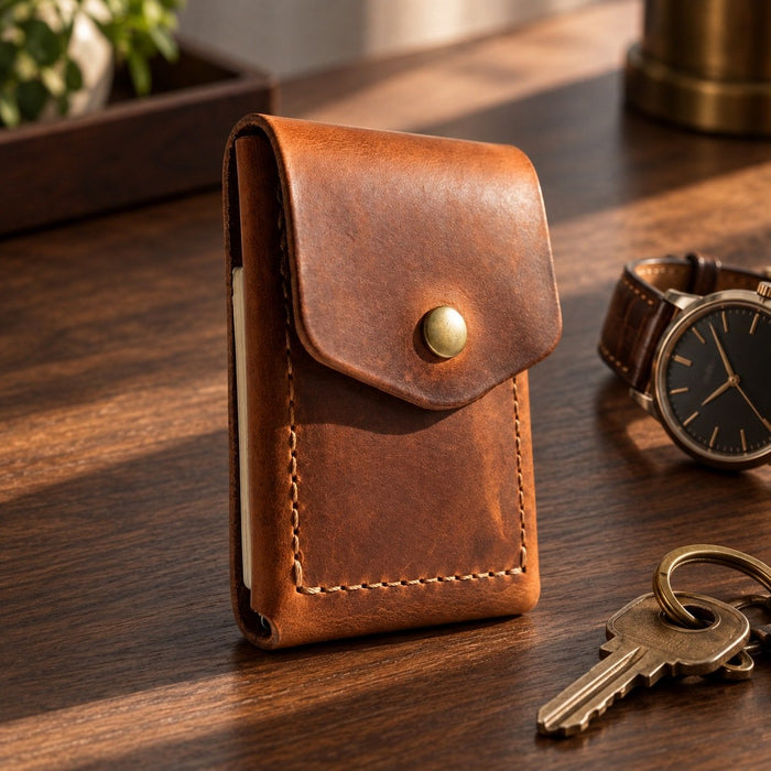 Cognac Trifold Slim Genuine Leather 9 Card Slots Wallet Handmade for Men Gift