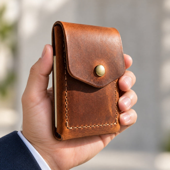 Cognac Trifold Slim Genuine Leather 9 Card Slots Wallet Handmade for Men Gift