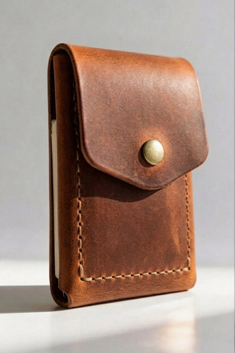 Trifold Slim Genuine Leather Wallet 9 Card Slots Snap Handmade for Men Gift - Cognac