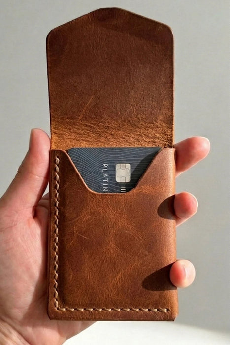 Cognac Trifold Slim Genuine Leather 9 Card Slots Wallet Handmade for Men Gift