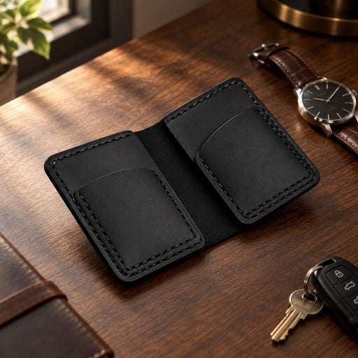 Genuine Leather Card Holder Wallet Pull Tab Handmade for Men Gift - Black