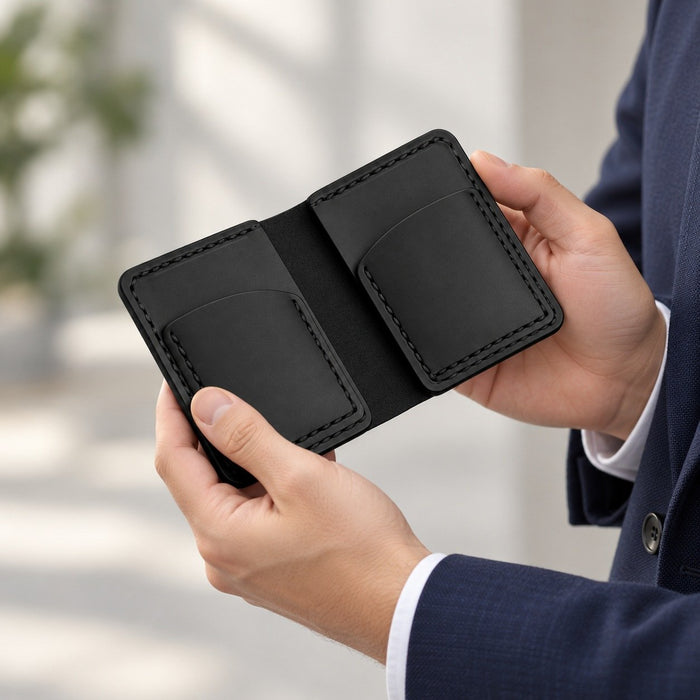 Black Genuine Leather Card Holder Saddle Stitch Handmade for Men Gift