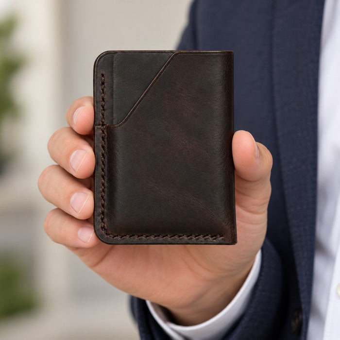 Dark Brown Slim Genuine Leather Card Holder Handmade for Men Gift