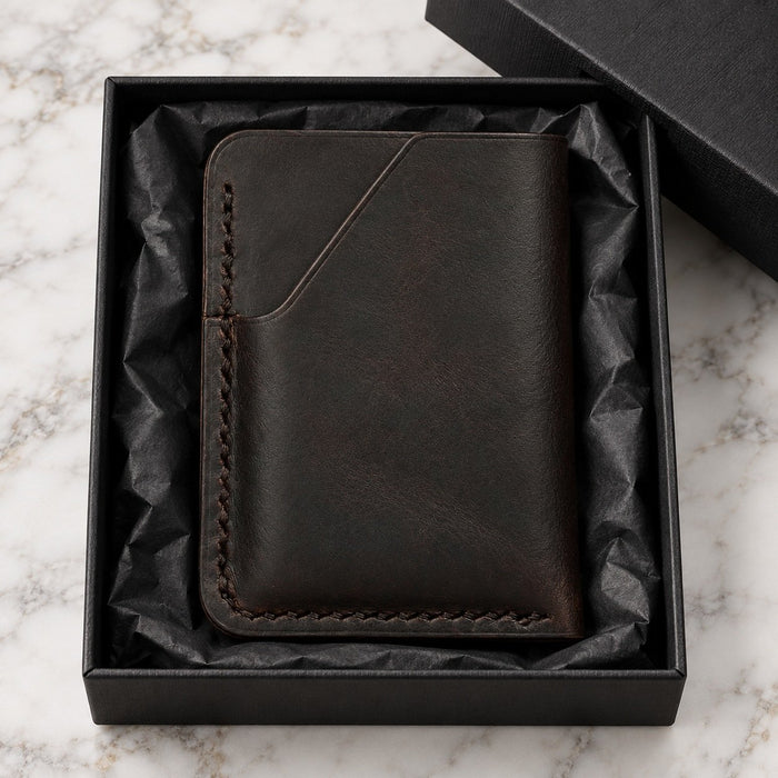 Slim Genuine Leather Card Holder Quick Access Pocket Handmade for Men Gift - Dark Brown