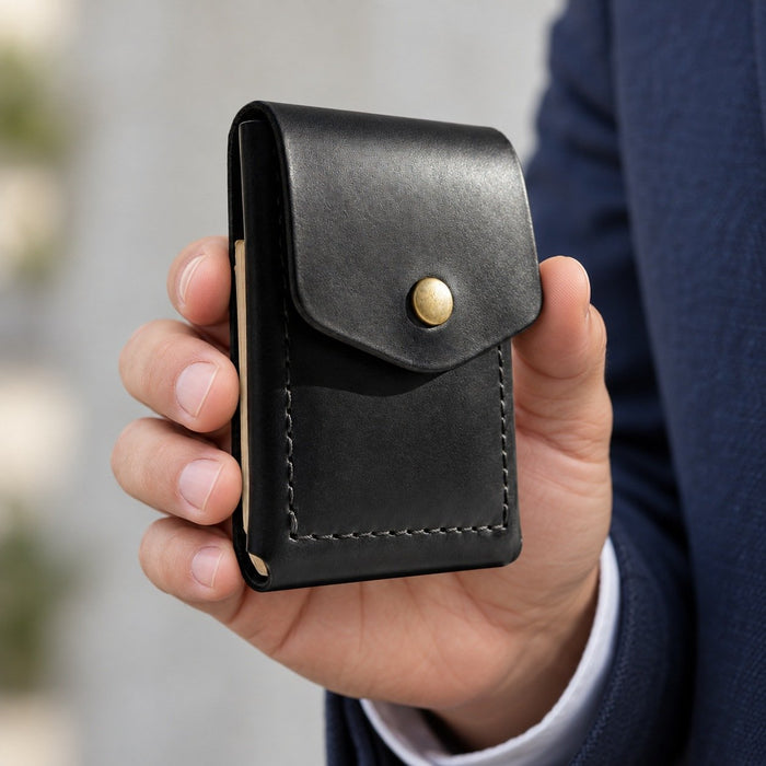 Black Trifold Slim Genuine Leather 9 Card Slots Wallet Handmade for Men Gift