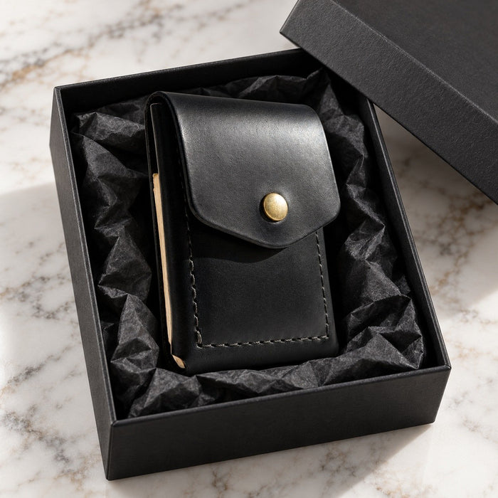 Black Trifold Slim Genuine Leather 9 Card Slots Wallet Handmade for Men Gift