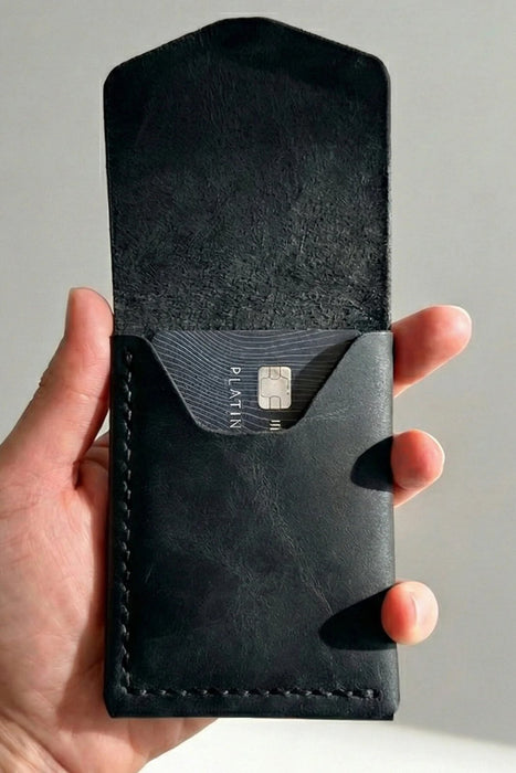 Black Trifold Slim Genuine Leather 9 Card Slots Wallet Handmade for Men Gift