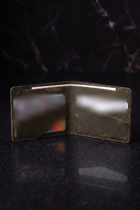 Genuine Leather Bifold Wallet 4 Card Slots Handmade for Men Gift - Dark Green