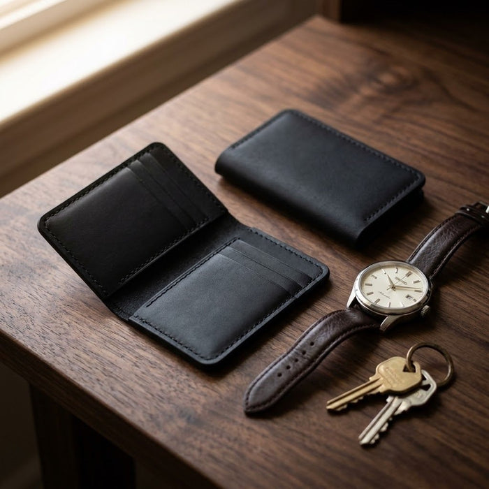 Black Genuine Leather Card Holder Italian Stitch Handmade for Men Gift