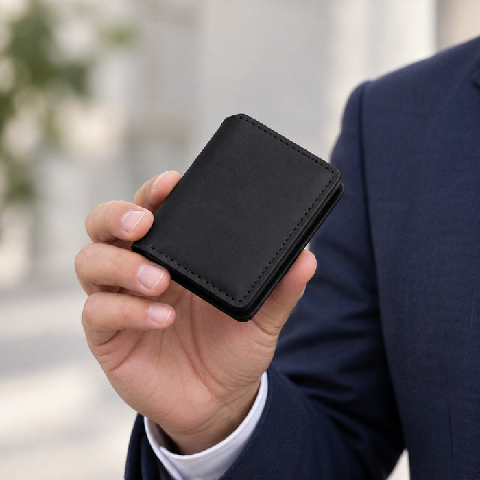 Black Genuine Leather Card Holder Italian Stitch Handmade for Men Gift