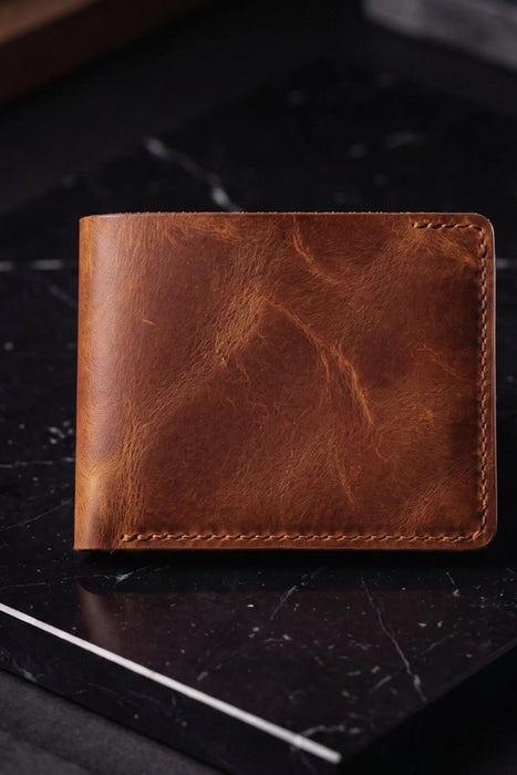 Genuine Leather Bifold Wallet 4 Card Slots Handmade for Men Gift - Tan