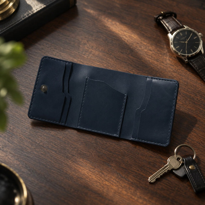 Navy Slim Genuine Leather 6 Card Slots Wallet Italian Stitch Handmade