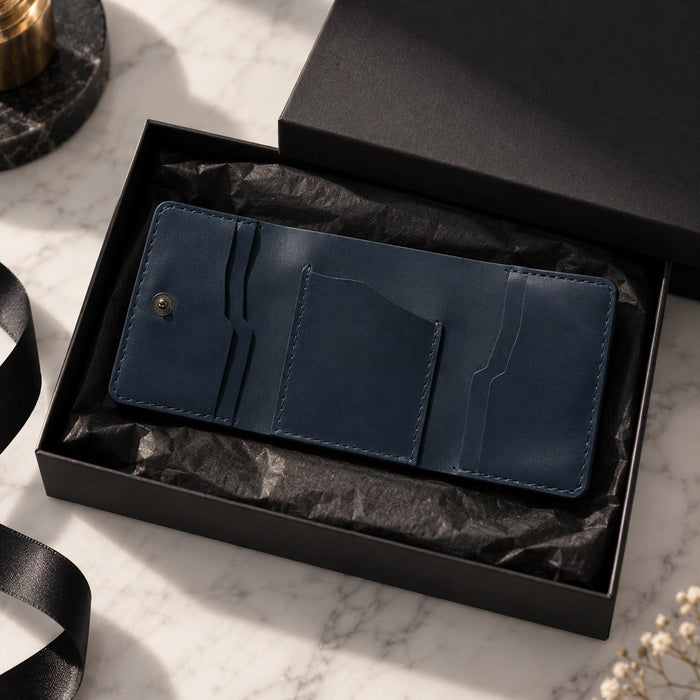 Navy Slim Genuine Leather 6 Card Slots Wallet Italian Stitch Handmade