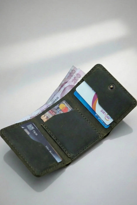 Navy Slim Genuine Leather 6 Card Slots Wallet Italian Stitch Handmade