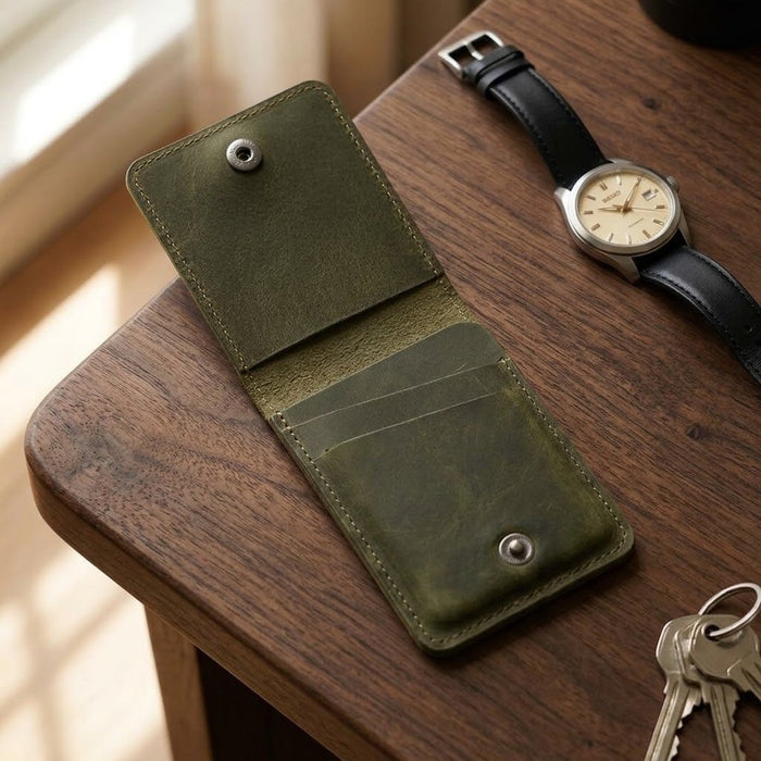 Dark Green Vertical Genuine Leather 4 Card Slots Wallet Handmade for Men Gift