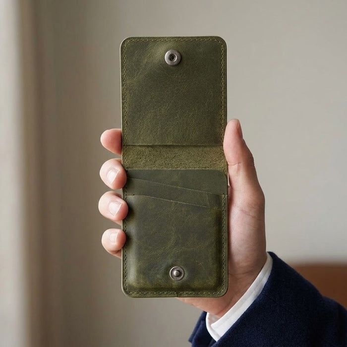 Vertical Genuine Leather Wallet 4 Card Slots Snap Closure Handmade Men Gift - Dark Green