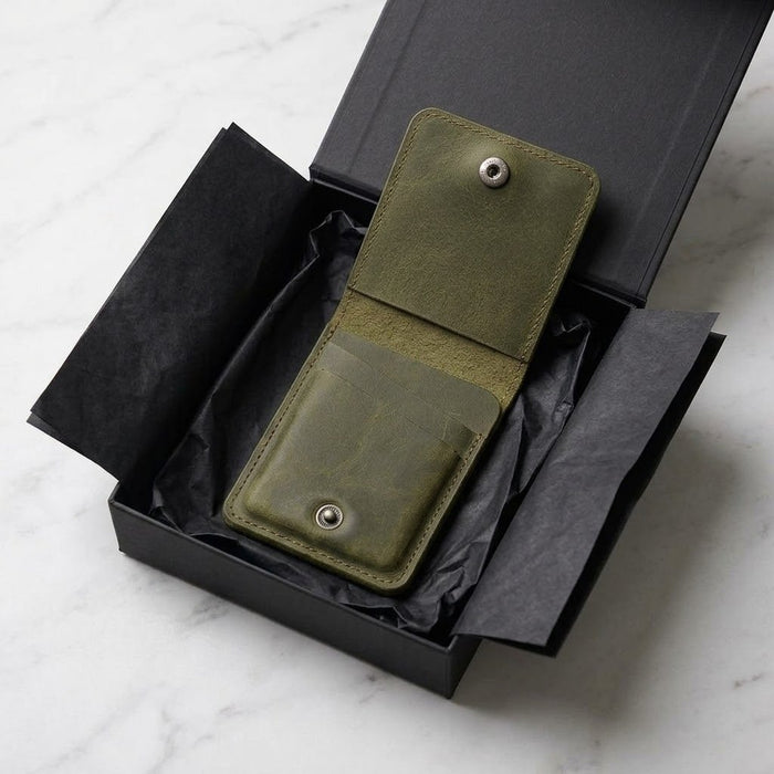 Dark Green Vertical Genuine Leather 4 Card Slots Wallet Handmade for Men Gift