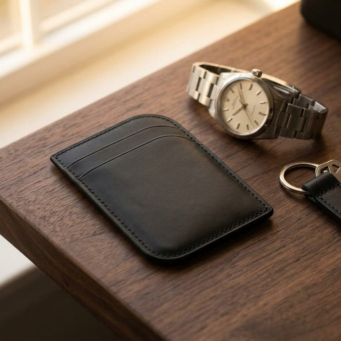 Black Genuine Leather Wallet Minimalist Handmade for Men Gift