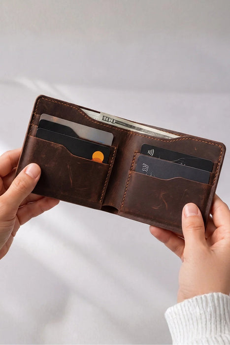 Dark Brown Genuine Leather 8 Card Slots Wallet Handmade for Men Gift
