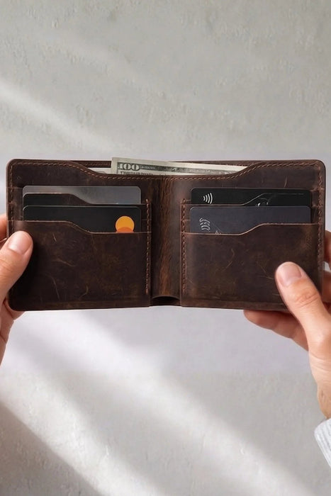 Dark Brown Genuine Leather 8 Card Slots Wallet Handmade for Men Gift