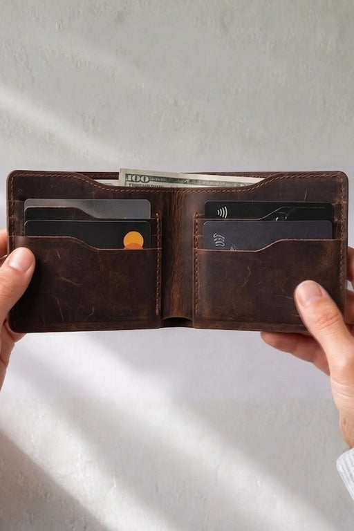 Dark Brown Genuine Leather 8 Card Slots Wallet Handmade for Men Gift