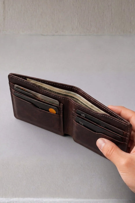 Dark Brown Genuine Leather 8 Card Slots Wallet Handmade for Men Gift