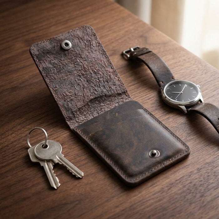Vertical Genuine Leather Wallet 4 Card Slots Snap Closure Handmade Men Gift - Brown