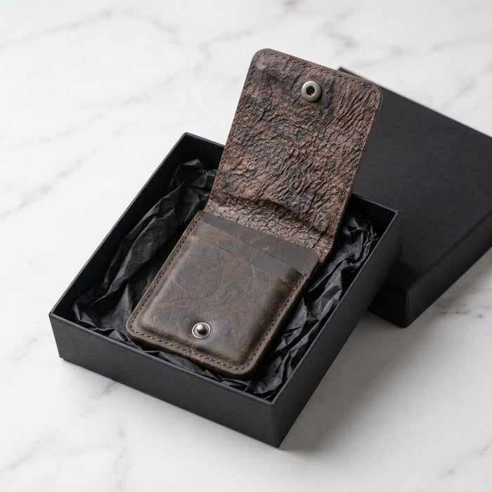 Vertical Genuine Leather Wallet 4 Card Slots Snap Closure Handmade Men Gift - Brown
