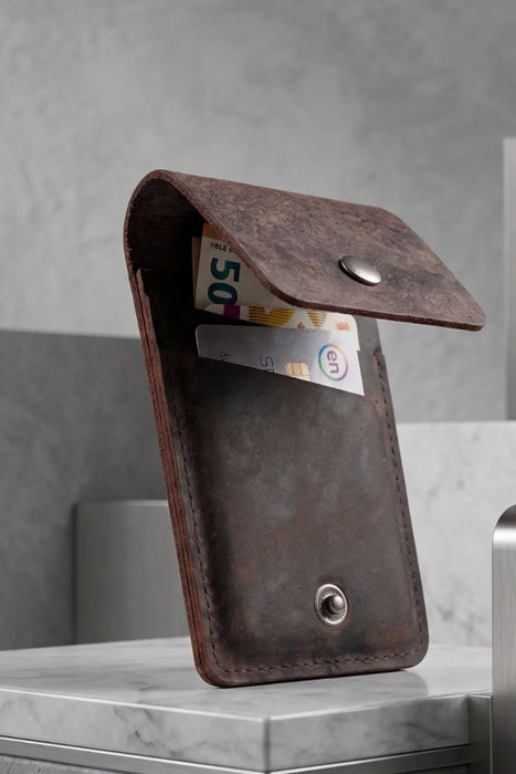 Brown Vertical Genuine Leather 4 Card Slots Wallet Handmade for Men Gift