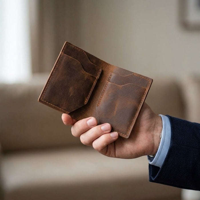 Brown Slim Genuine Leather 6 Card Slots Wallet Compact Handmade for Men Gift