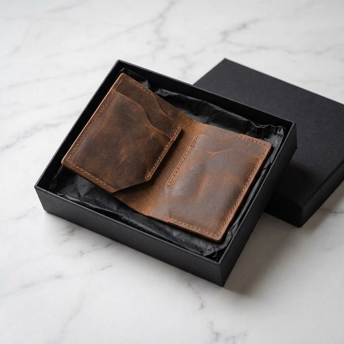 Brown Slim Genuine Leather 6 Card Slots Wallet Compact Handmade for Men Gift