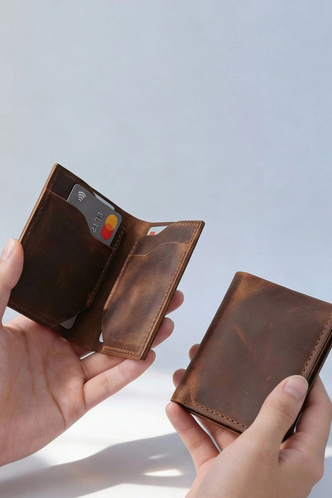 Brown Slim Genuine Leather 6 Card Slots Wallet Compact Handmade for Men Gift