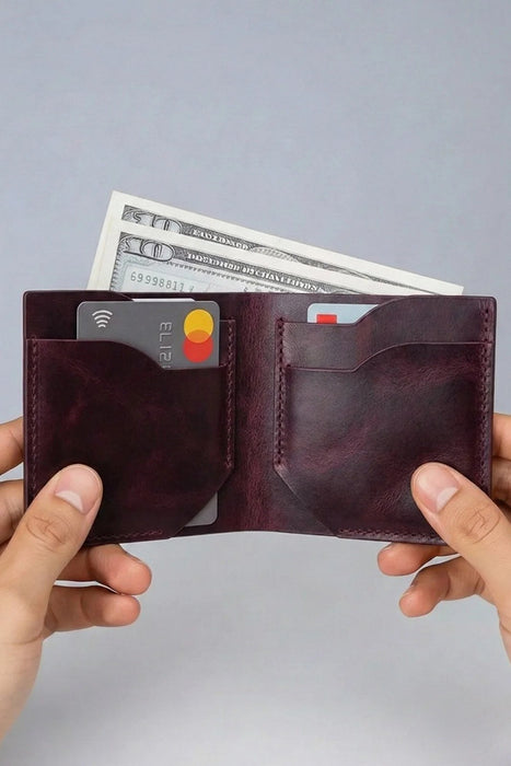 Brown Slim Genuine Leather 6 Card Slots Wallet Compact Handmade for Men Gift