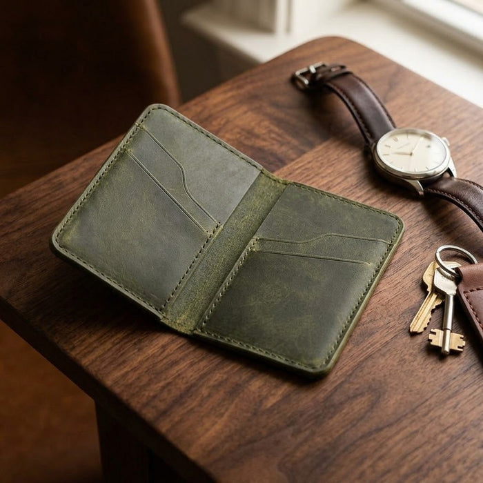 Slim Genuine Leather Card Wallet 6 Card Slots Minimalist Handmade Men Gift - Dark Green