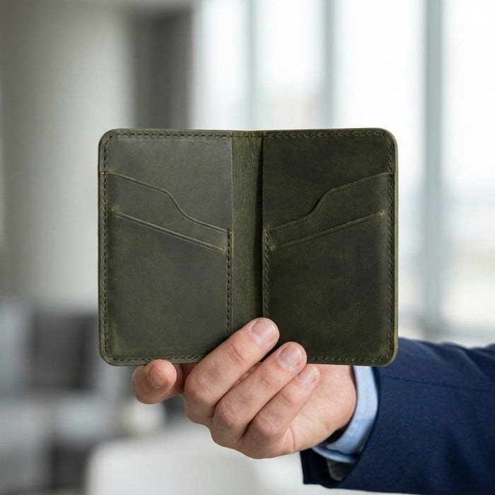 Dark Green Slim Genuine Leather Wallet Handmade for Men Gift