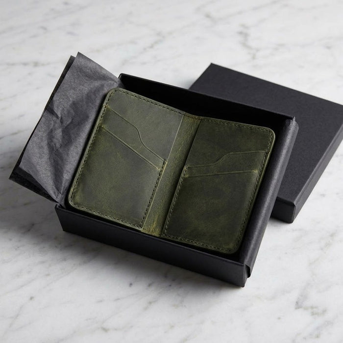 Slim Genuine Leather Card Wallet 6 Card Slots Minimalist Handmade Men Gift - Dark Green
