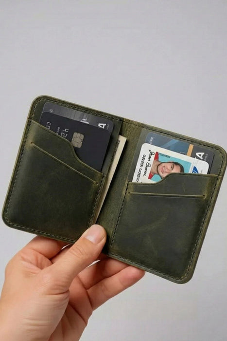 Dark Green Slim Genuine Leather Wallet Handmade for Men Gift