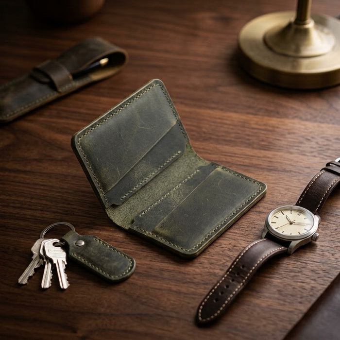 Dark Green Genuine Leather Card Holder Compact Handmade for Men Gift
