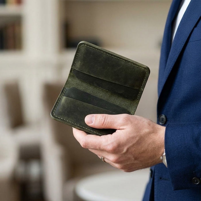Dark Green Genuine Leather Card Holder Compact Handmade for Men Gift