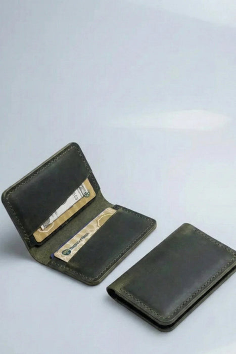 Dark Green Genuine Leather Card Holder Compact Handmade for Men Gift