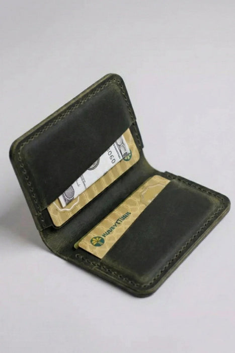 Dark Green Genuine Leather Card Holder Compact Handmade for Men Gift