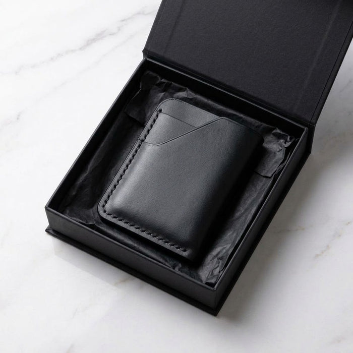 Black Slim Genuine Leather Card Holder Italian Stitch Handmade for Men Gift