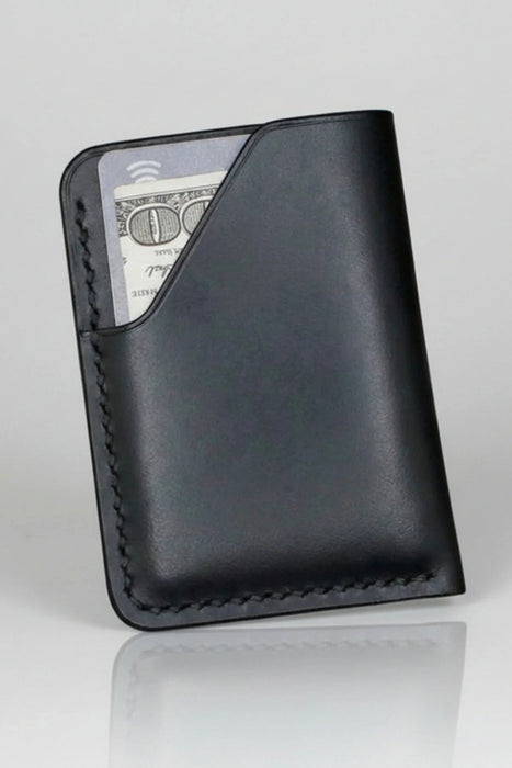 Black Slim Genuine Leather Card Holder Italian Stitch Handmade for Men Gift