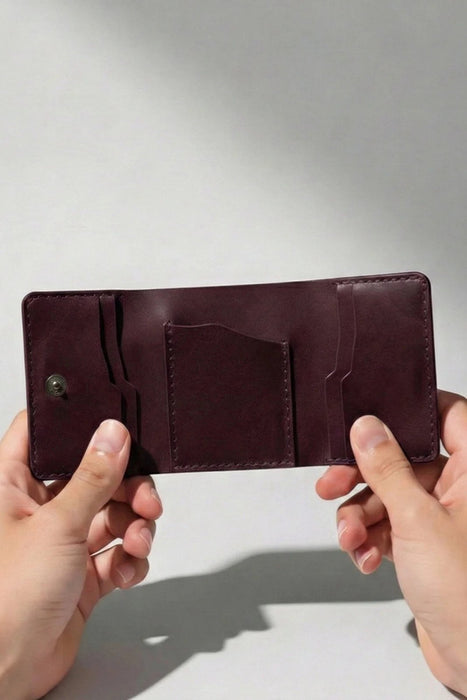 Genuine Leather Card Wallet 6 Card Slots Italian Stitch Handmade for Men Gift - Purple